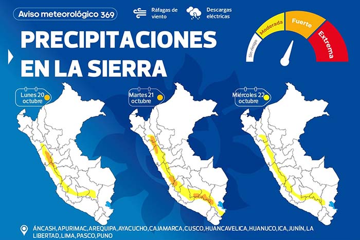 SENAMHI alerta de lluvias las próximas 71 horas en toda la región  